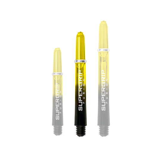 HR349_Harrows_Supergrip_Fusion_Shafts_Gelb_40mm_1i3wXrDg0BfcX5 Das Bild zeigt drei Harrows Supergrip Fusion Shafts in der Farbe Gelb. Die Shafts sind unterschiedlich lang und haben einen schwarzen unteren Bereich.