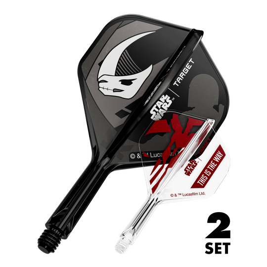 Zestaw Target Star Wars K-Flex Mandalorian No2 Standard Flights Zu sehen sind zwei Dart-Flights im Mandalorianer-Design aus Star Wars. Dies ist das Set 'K-Flex Mandalorian 2PackSet No2 Standard Flights' mit 19mm.