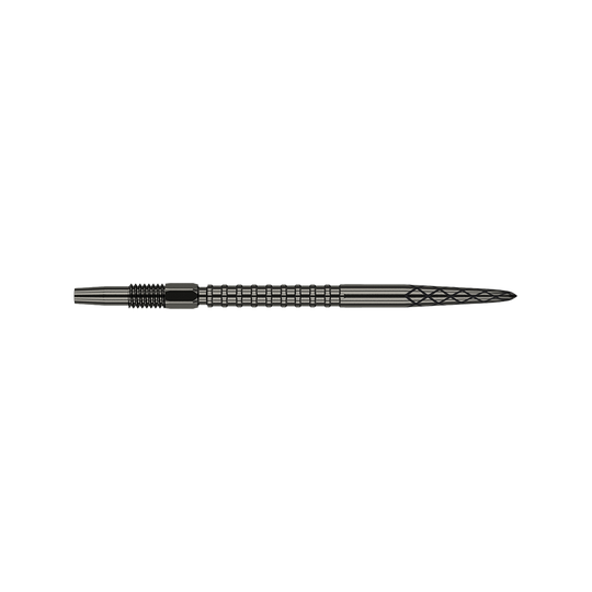 Target Swiss DS Surge Point Dart Tips - Black Das Bild zeigt eine schwarze Dartspitze mit geriffelten und eingekerbten Mustern. Die Spitze ist 35 mm lang und hat ein elegantes, technisches Design.
