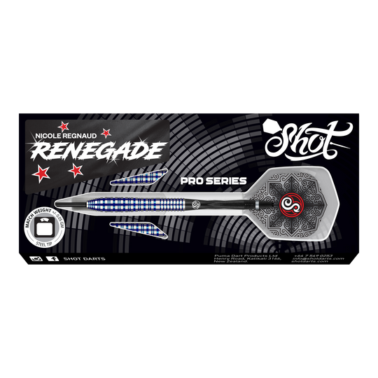 Das Bild zeigt die Verpackung der Shot Pro Series Nicole Regnaud Renegade Steeldarts in 23g. Auf der Verpackung ist ein Dartpfeil mit blau-silbernem Design und auffälliger Grafik zu sehen.