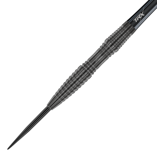 Das Bild zeigt einen Red Dragon Seren 3 Onyx Steeldart. Der Dartpfeil hat ein elegantes, schwarzes Design mit präzisen Rillen für besseren Halt.