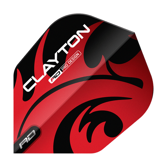 Czerwony Smok Jonny Clayton Red Black No6 Flights Das Bild zeigt ein Dartflight mit dem Namen "Red Dragon Jonny Clayton Red Black No6 Flights". Das Flight ist rot und schwarz gestaltet und trägt den Aufdruck "Clayton".