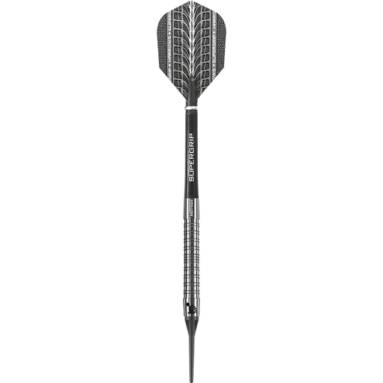 Das Bild zeigt einen Harrows Supergrip 90% Softdart. Der Dart ist silberfarben mit schwarzen Akzenten und einer beschrifteten Flights.