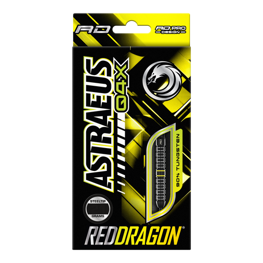 Red Dragon Astraeus Q4X Parallel Steeldarts Die Verpackung zeigt die Red Dragon Astraeus Q4X Parallel Steeldarts in einem auffälligen gelb-schwarzen Design. Das Produkt besteht zu 90% aus Tungsten und besitzt Steeltip-Spitzen.