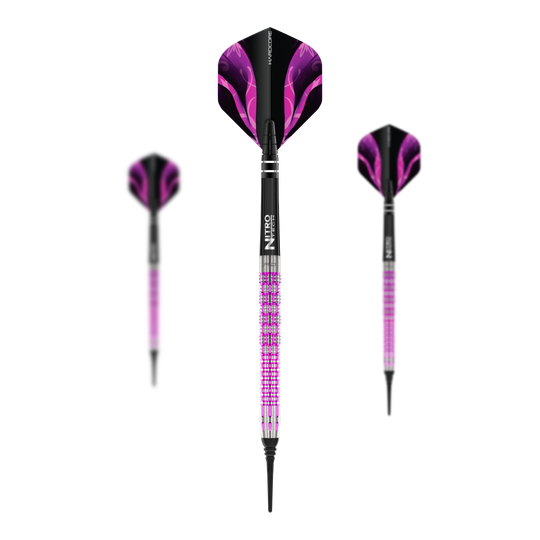 Das Bild zeigt drei Red Dragon Tyrian Softdarts mit einem Gewicht von 22g. Die Darts sind hauptsächlich lila und schwarz gestaltet und haben auffällige Muster auf den Flights.
