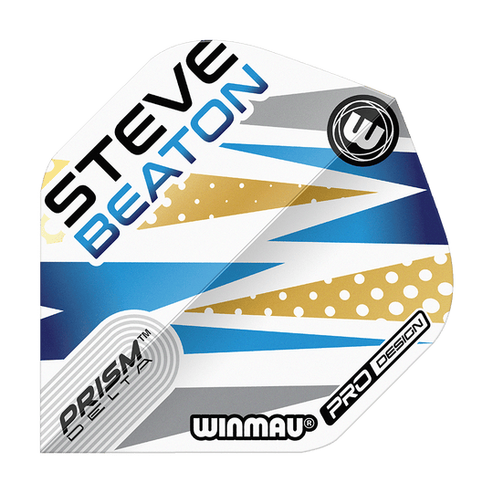 Das Bild zeigt ein Dart-Flight mit dem Namen "Winmau Prism Delta Steve Beaton No2 Standard Flights". Das Design ist weiß, blau und gold mit auffälligen Mustern und dem Namen "Steve Beaton" darauf.