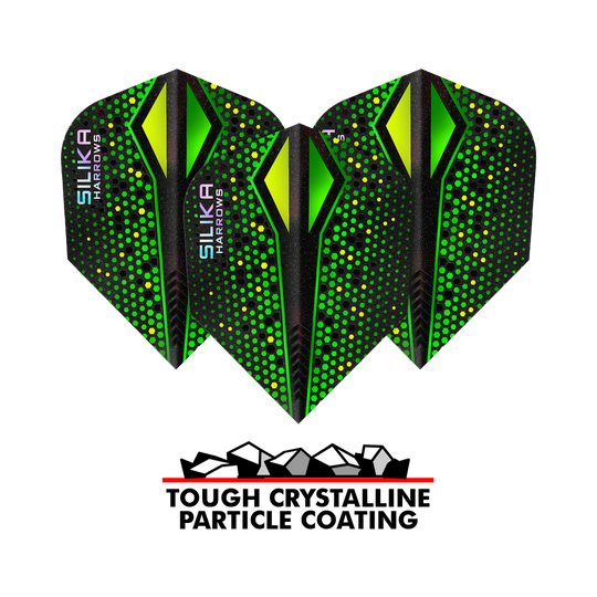 Harrows Silika Colorshift Twarda powłoka krystaliczna Green-X No6 Loty Das Bild zeigt drei grüne Harrows Silika Colourshift Tough Crystalline Coating No6 Flights für Darts. Unten befindet sich ein Logo mit der Aufschrift „Tough Crystalline Particle Coating“.