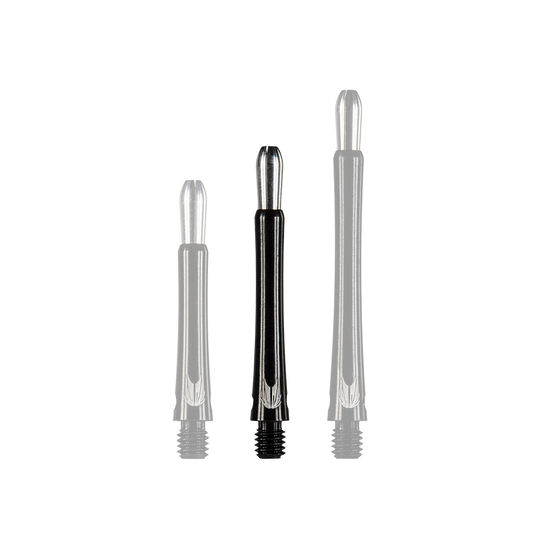 Auf dem Bild sind drei unterschiedlich lange schwarze Aluminiumschäfte für Darts zu sehen. Sie stehen nebeneinander aufrecht auf einem neutralen Hintergrund.