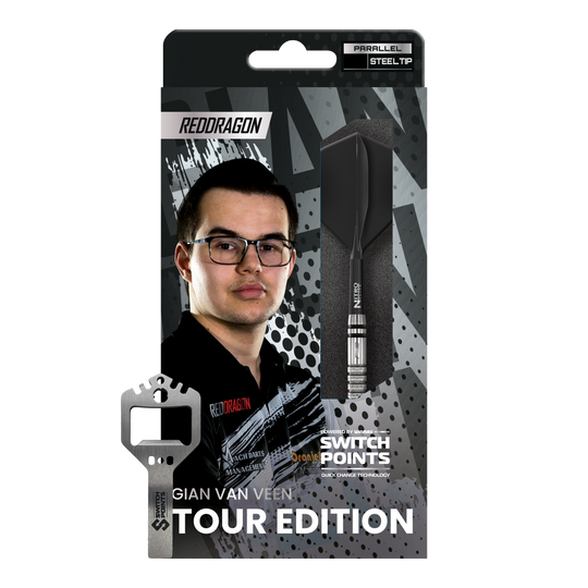 Red Dragon Gian Van Veen Tour Edition Switch Point Steeldarts - 21g Das Bild zeigt die Red Dragon Gian Van Veen Tour Edition Switch Point Steeldarts - 21g. Die Darts haben ein modernes und robustes Design.
