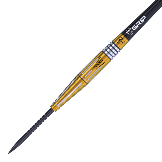 Bulls Stingray ST4 Steeldarts Das Bild zeigt einen Bulls Stingray ST4 Steeldart. Der Dartpfeil hat einen goldfarbenen Schaft mit silbernen Akzenten und einer schwarzen Spitze.