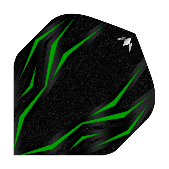Misja Lava Green No2 Standardowe loty Das Bild zeigt einen schwarzen Dartflight mit grünen, diagonalen Linien. In der oberen rechten Ecke befindet sich ein kleines, silbernes Logo.