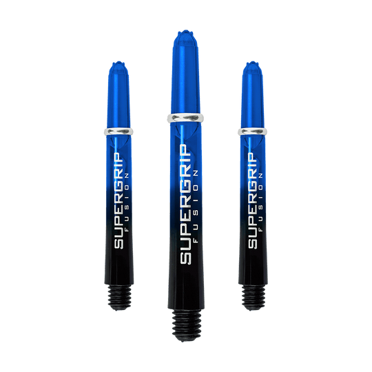 Das Bild zeigt drei blaue Harrows Supergrip Fusion Shafts. Die Shafts sind aus Kunststoff und haben einen glänzenden Schriftzug auf der Seite.