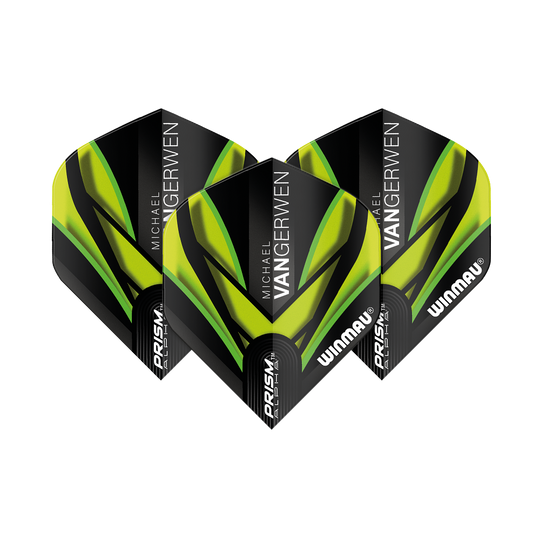 6915-145_Winmau_Prism_Alpha_MvG_Black_Green_V2_Standard_Flights_1L0YLPsbolBsWU Das Bild zeigt drei Dartflights des Modells "Winmau Prism Alpha MvG Black Green V2 Standard". Die Flights sind überwiegend schwarz mit grünen und gelben Akzenten sowie der Aufschrift "Michael van Gerwen" und "Winmau".