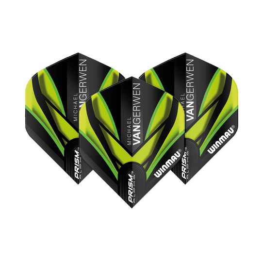 6915-145_Winmau_Prism_Alpha_MvG_Black_Green_V2_Standard_Flights_1L0YLPsbolBsWU Winmau Prism Alpha MvG Black Green V2 Standard Flights mit modernem Linienmuster. Die Flights sind nebeneinander angeordnet.