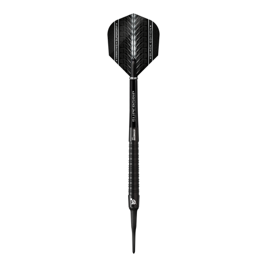 Miękkie lotki Harrows Supergrip Black Edition Das Bild zeigt einen Harrows Supergrip Black-Edition Softdart. Der Dart ist komplett in Schwarz gehalten und hat ein modernes, elegantes Design.