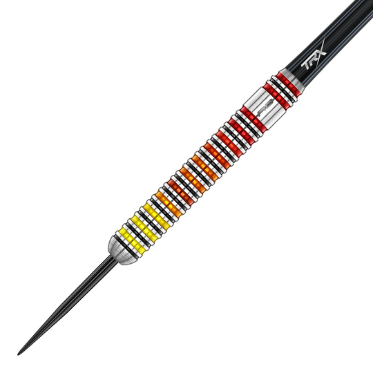 Stalowe rzutki Red Dragon Furnace Die Red Dragon Furnace Steeldarts sind auf diesem Bild zu sehen. Die Pfeile haben einen metallischen Look und auffällige Details.