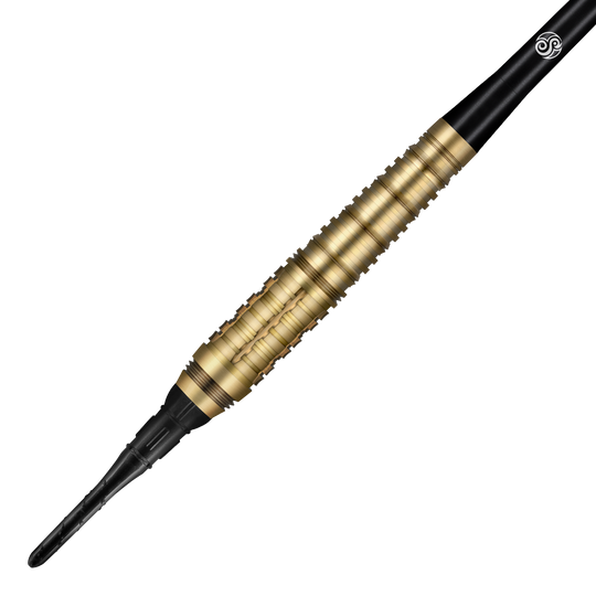 Miękkie lotki Shot Redline Mach 1 - 20g Auf dem Bild ist ein Shot Redline Mach 1 Softdart mit einem Gewicht von 20g zu sehen. Der Dartpfeil hat einen goldfarbenen, geriffelten Griff und eine schwarze Spitze.