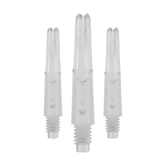 Das Bild zeigt drei transparente, gerade Kunststoffschäfte für Darts ohne Kappen. Die Schäfte haben ein Schraubgewinde am unteren Ende und sind 26 mm lang.