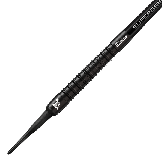 Miękkie lotki Harrows Supergrip Black Edition Das Bild zeigt einen Harrows Supergrip Black-Edition Softdart. Der Dart ist komplett schwarz und hat eine strukturierte Griffoberfläche.