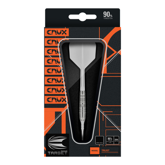 Target Japan Crux Trust Soft Darts - 17g Die Abbildung zeigt die Verpackung der "Target Japan Crux Trust Softdarts - 17g". Der Dart ist sichtbar durch ein Sichtfenster in der Packung und enthält Angaben wie 90 % Tungsten.