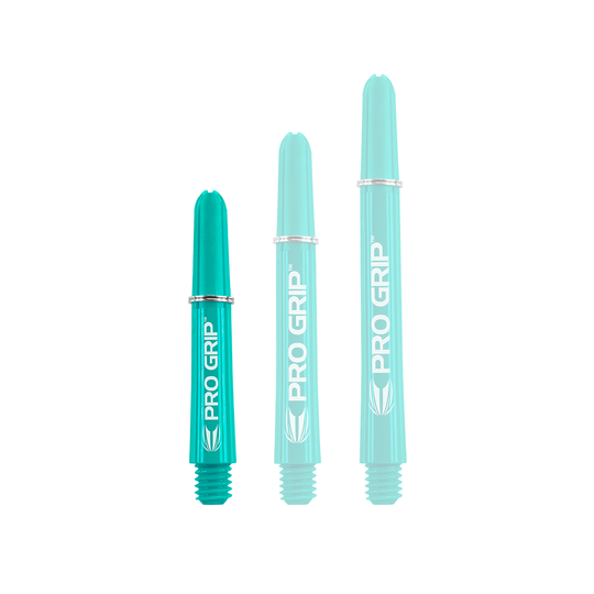 Uchwyty Target Pro Grip - 3 zestawy - Aqua Auf dem Bild sind drei türkisfarbene "PRO GRIP" Schäfte in verschiedenen Längen zu sehen. Sie stehen nebeneinander und haben alle den gleichen Aufdruck und das gleiche Design.
