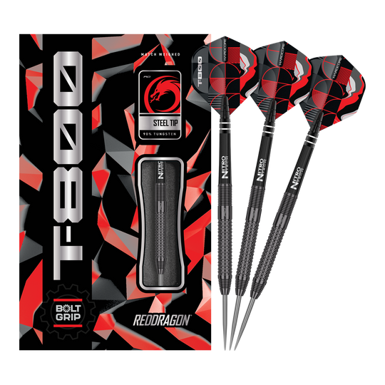 Red Dragon T-800 Steeldarts Das Bild zeigt die Red Dragon T-800 Steeldarts und ihre Verpackung. Die Darts haben ein schwarzes Design mit roten und silbernen Akzenten.