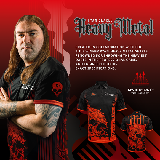 Koszulka Harrow's Ryan Searle Heavy Metal Player Das Bild zeigt das Harrows Ryan Searle Heavy Metal Playershirt. Dieses Dartshirt ist bei Spielern sehr beliebt.