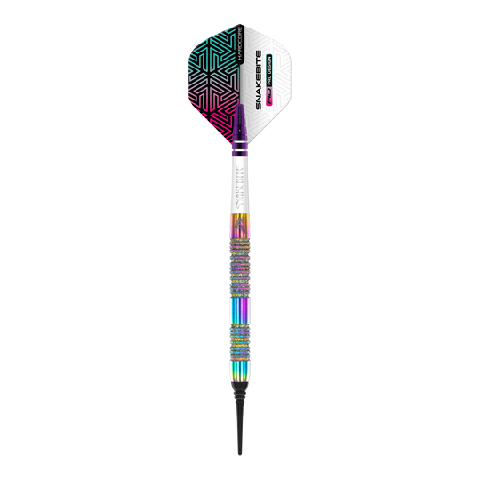 Das Bild zeigt einen Red Dragon Peter Wright Diamond Fusion Spectron SE Softdart mit 20g Gewicht. Der Dart hat ein auffälliges, buntes Design mit verschiedenen Farben und einem gemusterten Flight.
