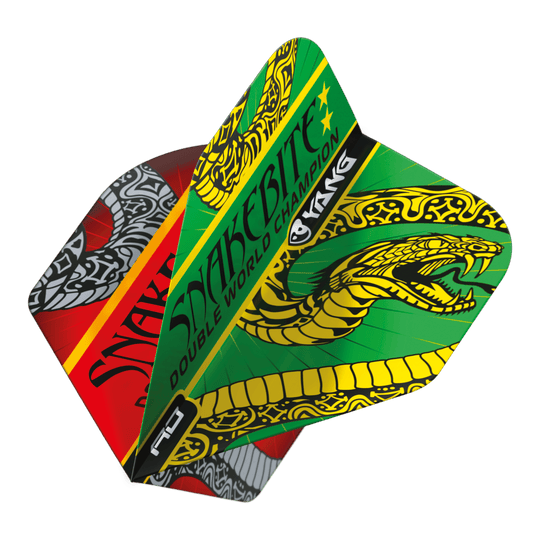 Red Dragon Peter Wright Ukąszenie Węża Czerwony Zielony Yin Yang Standardowe Loty Das Bild zeigt die Dart-Flights "Red Dragon Peter Wright Snakebite Red Green Yin Yang Standard Flights." Die Flights sind farbenfroh gestaltet und zeigen einen auffälligen Schlangen-Grafik sowie den Schriftzug "Snakebite."