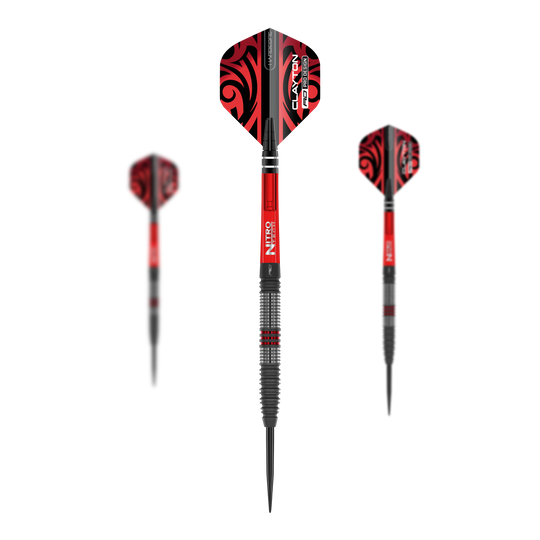 Stalowe strzałki Red Dragon Jonny Clayton Hiraeth Dieses Bild zeigt die Red Dragon Jonny Clayton Hiraeth Steeldarts. Die Darts haben ein auffälliges rotes und schwarzes Design mit strukturiertem Griff.