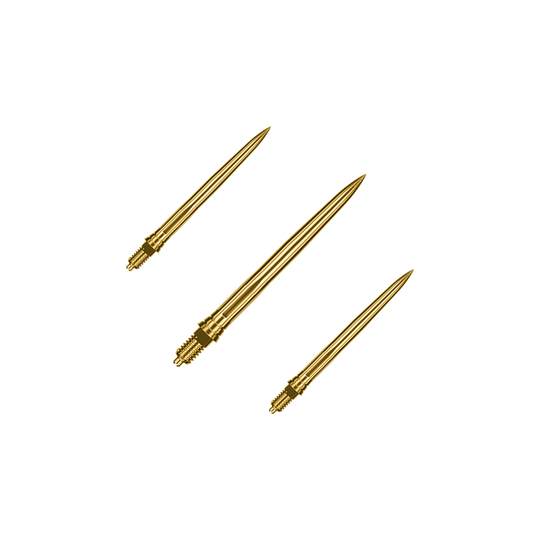 Dieses Bild zeigt ein Set goldener Dartspitzen mit glatter Oberfläche, vermutlich 28mm lang. Die Spitzen sind von der Marke Caliburn EZ-EVO.
