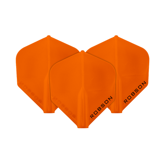Loty Robson Plus — standardowe Das Bild zeigt drei orangefarbene Dartflights. Auf jedem Flight steht das Wort "ROBSON" geschrieben.