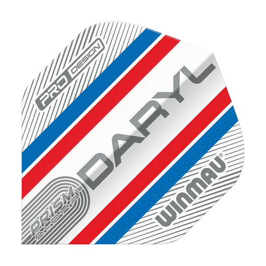 Das Bild zeigt ein Dart-Flight im Standard-Design mit den Farben Blau, Rot und Weiß. Auf dem Flight stehen die Wörter "DARYL", "WINMAU", "PRISM ALPHA" und "PRO DESIGN".