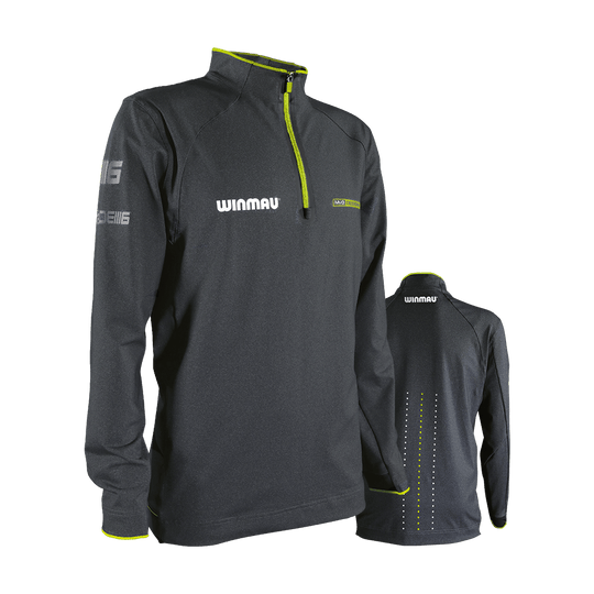 8409_Winmau_Michael_Van_Gerwen_Alpine_Top_Longsleeve_0_NEU Das Bild zeigt ein dunkelgraues Langarmshirt mit gelben Akzenten und einem Reißverschluss am Kragen. Auf dem Shirt sind die Logos "Winmau" und "MVG" zu sehen.