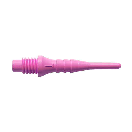 Bulls_Tefo-X_Softdartspitzen_Rosa_1 Das Bild zeigt eine einzelne pinke Kunststoff-Dartspitze aus dem Set "Bulls Tefo-X Shark Points (100er Pack)". Die Spitze hat ein Schraubgewinde auf der einen Seite und läuft spitz zu.