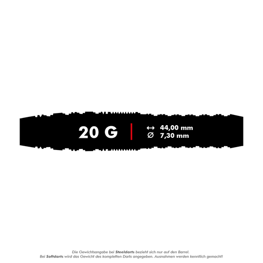 Shoty Redline Gizmo Soft Darts - 20g Das Bild zeigt die Produktinformationen für die Shot Redline Gizmo Softdarts mit einem Gewicht von 20 Gramm. Die Darts sind 44,00 mm lang und haben einen Durchmesser von 7,30 mm.