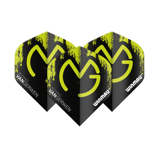 6900-234_Winmau_Mega_MvG_Green_Black_Standard_Flights_1y2NWSWIvwJmBx Winmau Mega MvG Green Black Standard Flights. Gezeigt sind Dartflights mit auffälligen grafischen Elementen.