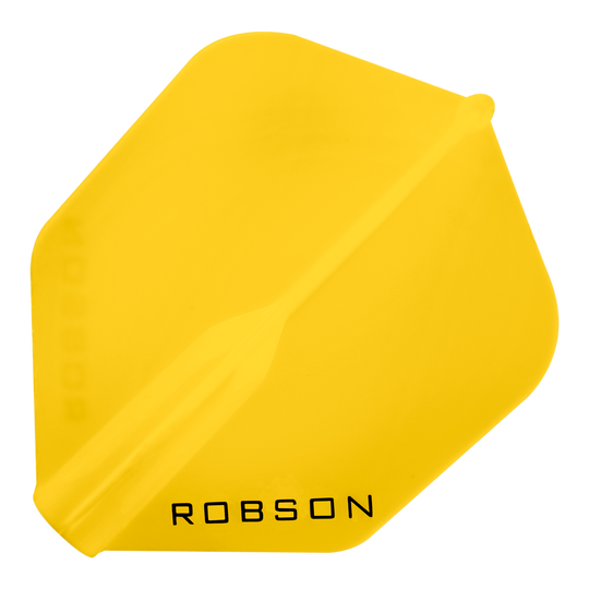 Robson Plus No6 Flights Das Bild zeigt ein gelbes Dartflight mit der Aufschrift "ROBSON". Das Flight hat eine klassische, leicht abgerundete Form.