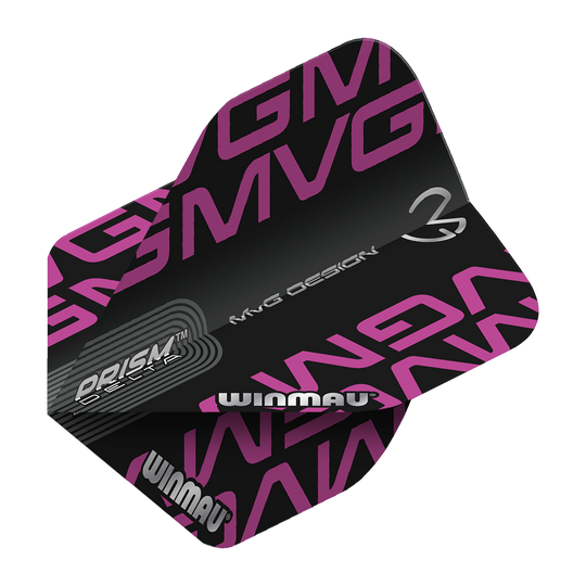 Dies ist ein Dart-Flight der Marke Winmau, Modell „Prism Delta MvG BlackPurple Logo Standard“. Das Design ist schwarz mit lila „MVG“-Schriftzügen und silbernen Logos.
