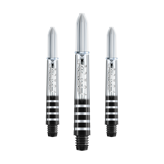 Auf dem Bild sind drei transparente Dartschäfte mit schwarzen Ringen zu sehen. Sie sind unterschiedlich lang und haben den Aufdruck "Prism Force".