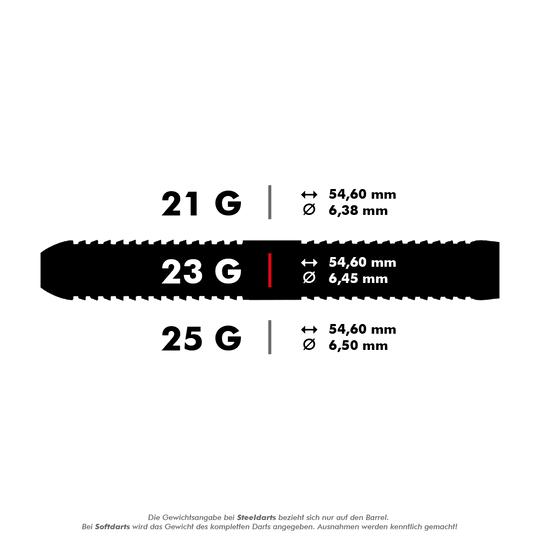 RD2550_Red_Dragon_Peter_Wright_Snakebite_Spirit_Steeldarts_5_23g Das Bild zeigt die Maße und Gewichte von Steeldarts in 21 g, 23 g und 25 g Ausführungen. Es werden jeweils die Länge von 54,60 mm und unterschiedliche Durchmesser für jedes Gewicht angegeben.