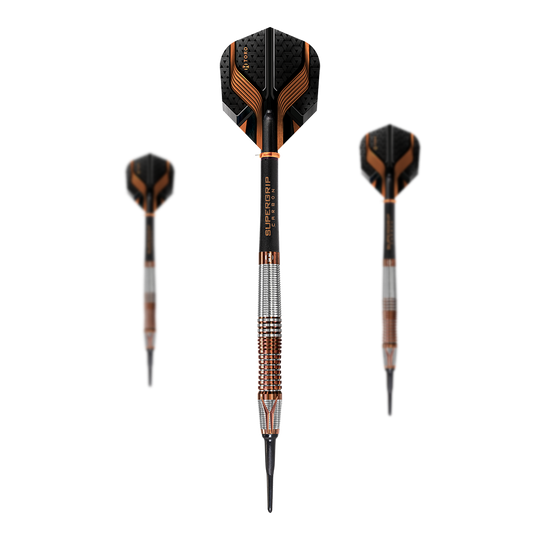 Harrows Toro Softdarts Das Bild zeigt drei Harrows Toro Softdarts mit schwarzen und kupferfarbenen Akzenten. Die Darts haben strukturierte Griffe und schwarze Spitzen.