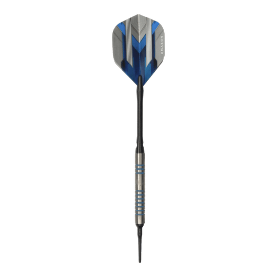 Lotki miękkie McDart 85 Tungsten V1 - 17g Dies ist ein McDart 85er Tungsten V1 Softdart mit einem Gewicht von 17g. Der Dart hat blaue und silberne Akzente und eine schwarze Spitze.