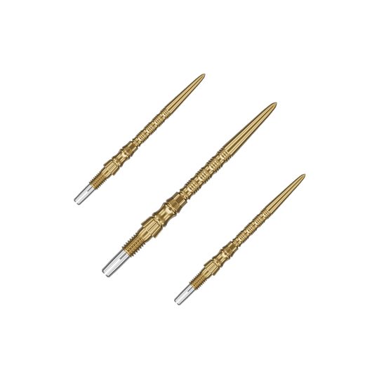 Stalowe groty do lotek Target Signature Swiss Point TRB - złote Ein Set von Target SwissPoint Signature TRB Dartspitzen in Gold mit 30mm Länge ist zu sehen. Die Dartspitzen sind ordentlich angeordnet.