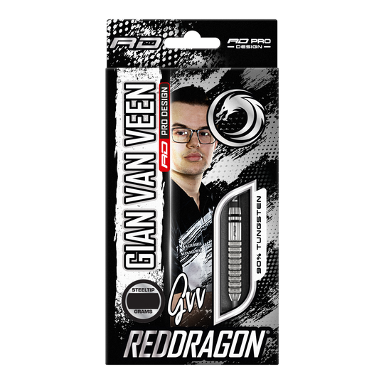 Steeldarts Red Dragon Gian Van Veen Tour Edition - 22g Die Verpackung zeigt die Red Dragon Gian Van Veen Tour Edition Steeldarts mit 22 Gramm. Auf der Vorderseite sind ein Bild von Gian Van Veen und ein Blick auf einen der Darts zu sehen.