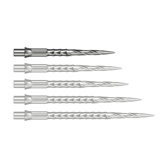Stalowe groty do lotek Caliburn System - Spiro - NoLip - srebrne Das Bild zeigt wahrscheinlich eine 28 mm lange Steeldartspitze aus Silber. Die Spitze ist Teil des Caliburn Evo Systems und trägt die Bezeichnung Spiro NoLip.