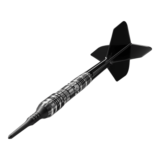 Das Bild zeigt einen schwarzen Softdart mit elegantem silbernen Muster. Es handelt sich um das Modell "Target Japan Black Marque Dragon 3 Softdarts - 18g".