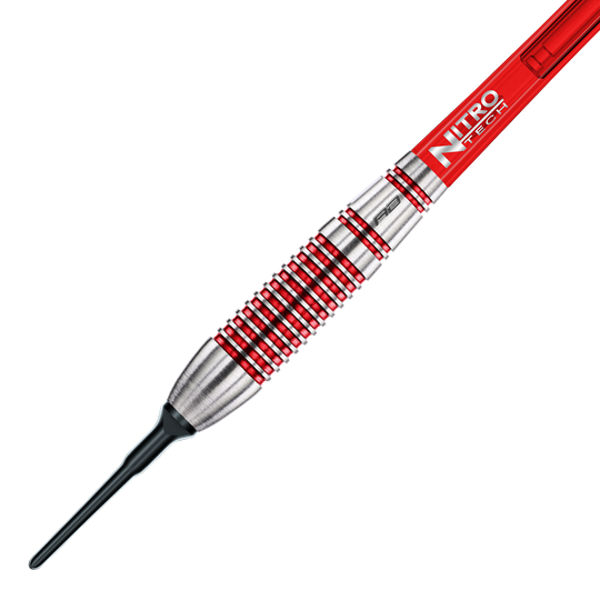 RD2137_Red_Dragon_Reflex_Softdarts_2 Das Bild zeigt einen Red Dragon Reflex Softdart mit einem Gewicht von 22 g. Der Dart hat ein silbernes und rotes Design mit dem Schriftzug "Nitro Tech" auf dem Schaft.
