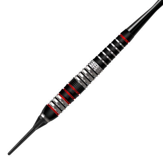 Harrows Heavy Metal Ryan Searle Brass Soft Darts Hier sind die Harrows Heavy Metal Ryan Searle Brass Softdarts dargestellt. Die Softdarts sind in Nahaufnahme sichtbar und zeigen ein detailreiches Design.
