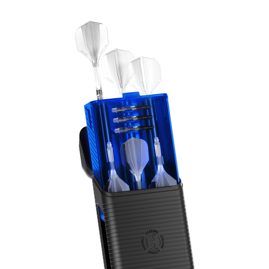 Eine blaue Darttasche namens Harrows Vault ist abgebildet. Die Tasche ist geschlossen und wird von oben gezeigt.